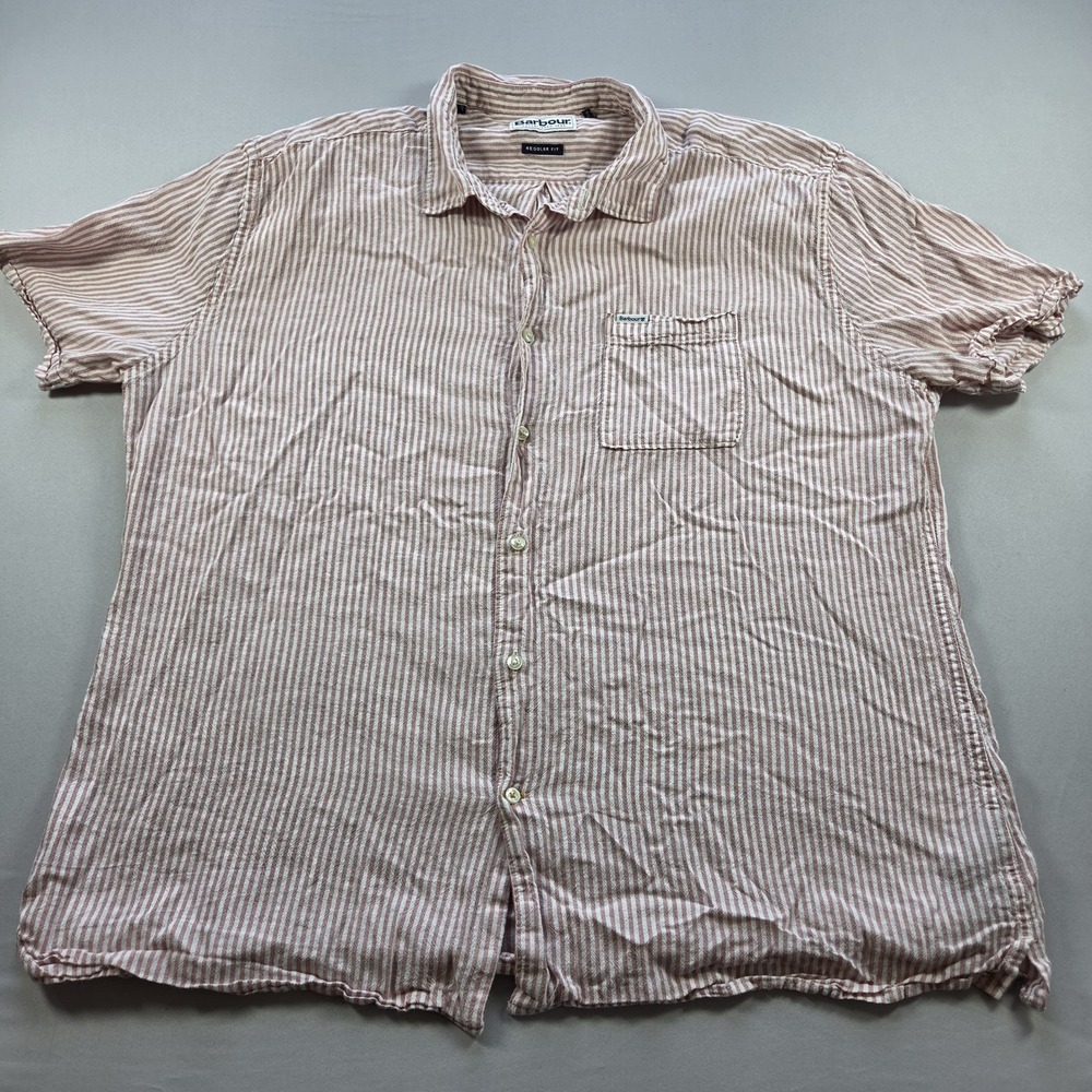 Barbour Linen Blend Button Up Shirt Mens XL Pink Red Striped Short Sleeve